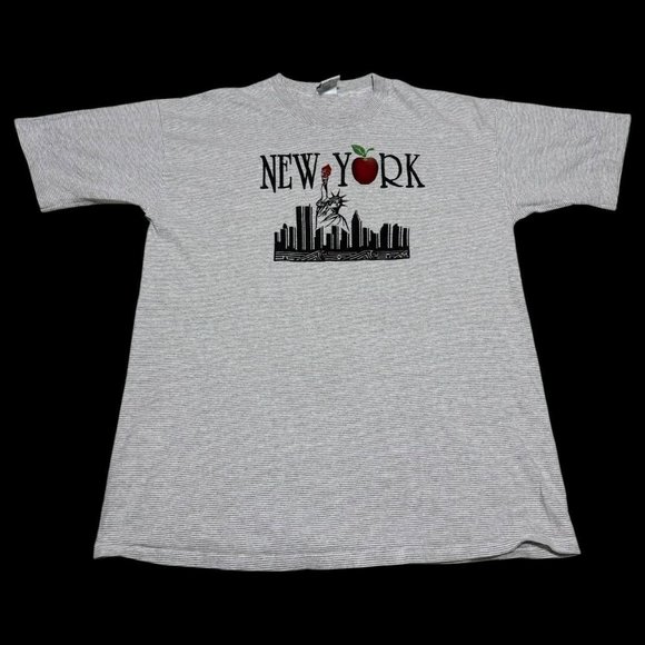 Cal Cru Vintage 90s New York‎ Skyline Twin Towers Striped Shirt Adult Large - Picture 1 of 5